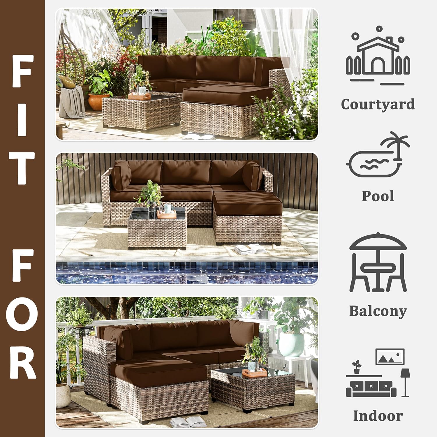 9Pcs Outdoor Chair Cushions Covers Waterproof Anti-Fading for 5 Pack Patio Set Cushion Slipcovers, Outdoor Furniture Cover Replacement, Covers Only, Chocolate